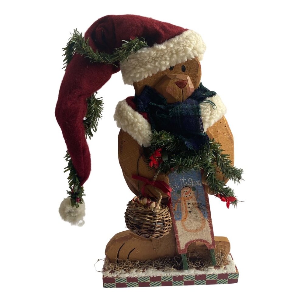 Handcrafted Wooden Bear Christmas Decor Santa Hat Scarf Standing Figure 19"x10"